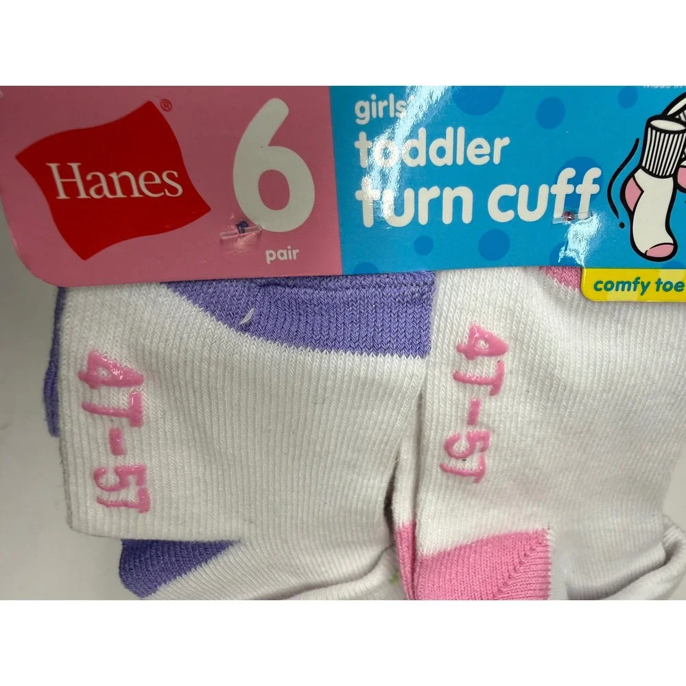 Hanes Girls Toddler Turn Cuff Socks 6 Pair Pack White Pink Purple 4T-5T NEW